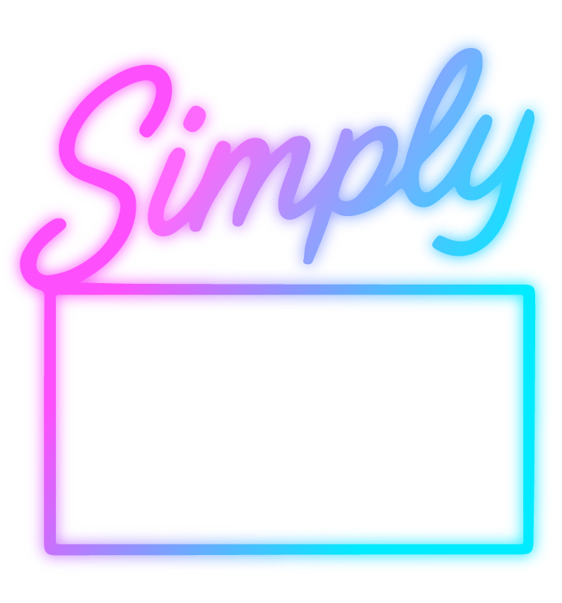 Simply Neon logo – pink and blue gradient script above outlined NEON text in a box