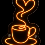 coffee-cup-neon-sign Coffee cup neon sign with heart-shaped steam glowing in warm orange LED neon on a clear acrylic backing