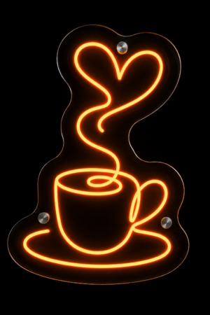 Coffee cup neon sign with heart-shaped steam glowing in warm orange LED neon on a clear acrylic backing